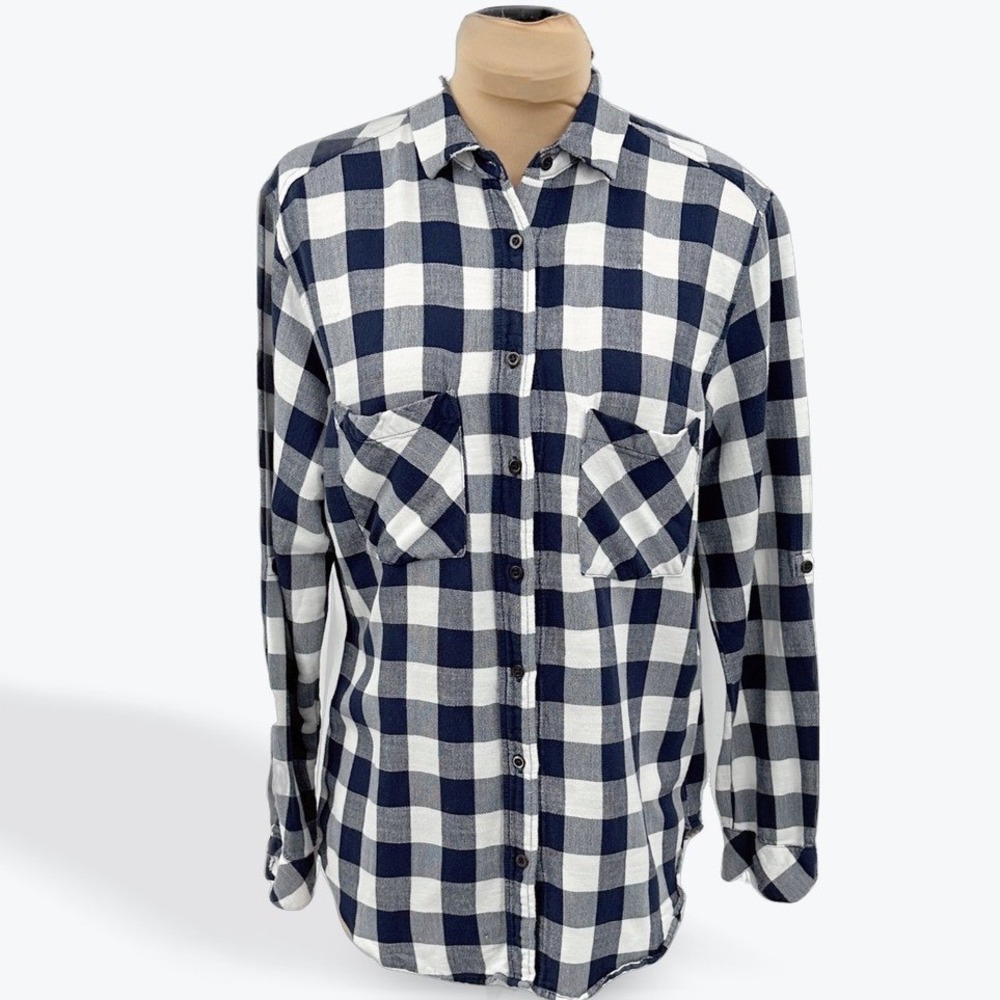 Mango Basics Navy Blue White Gingham Plaid Long Sleeve Button Up Shirt Size 6